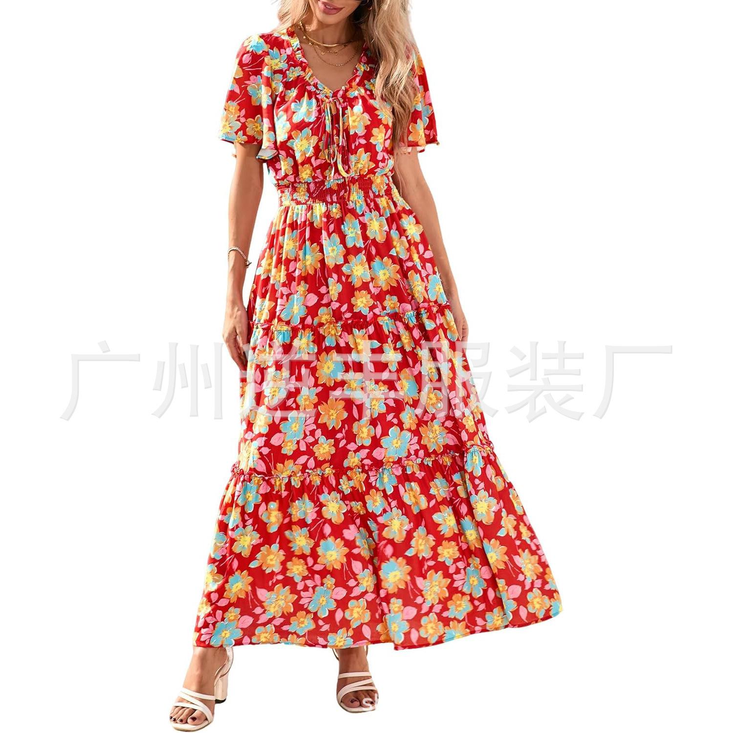 Amazon best-selling women s clothing, European and American cross-border foreign trade new short-sleeve Bohemian floral dress, beach dress, summer S оранжевый