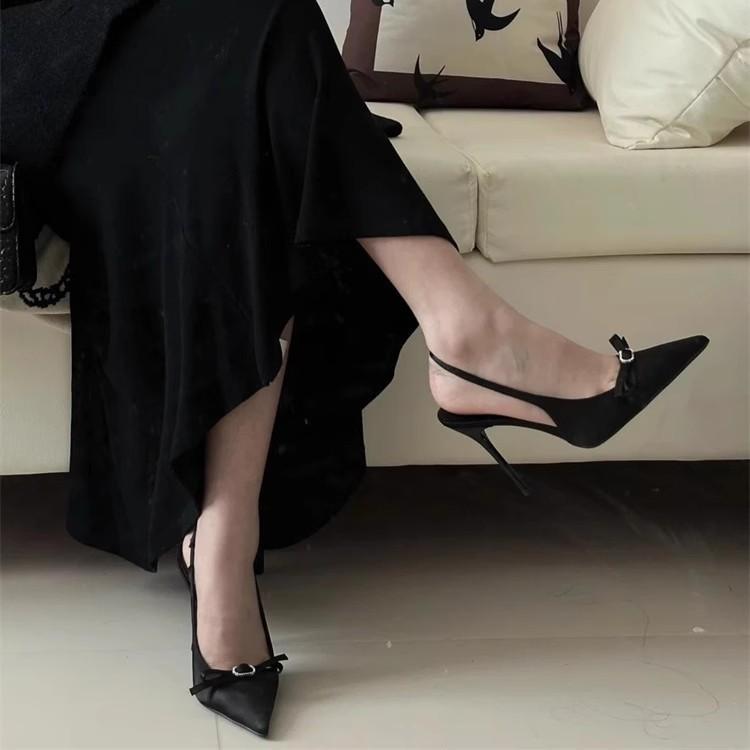 Pointed Single Shoe Temperament 2025 Bag Head Women's Summer High Heels Women's Stiletto Heel Bow French Sandals New Satin