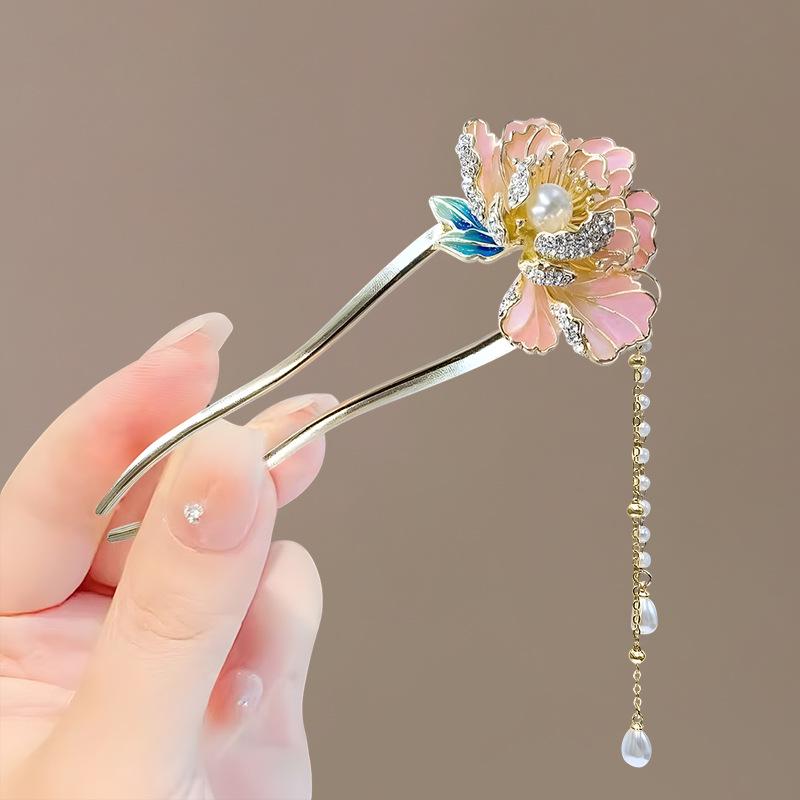 Grampo de Cabelo Borboleta Flor Estilo Antigo com Borla de Pérola para Cheongsam Hanfu