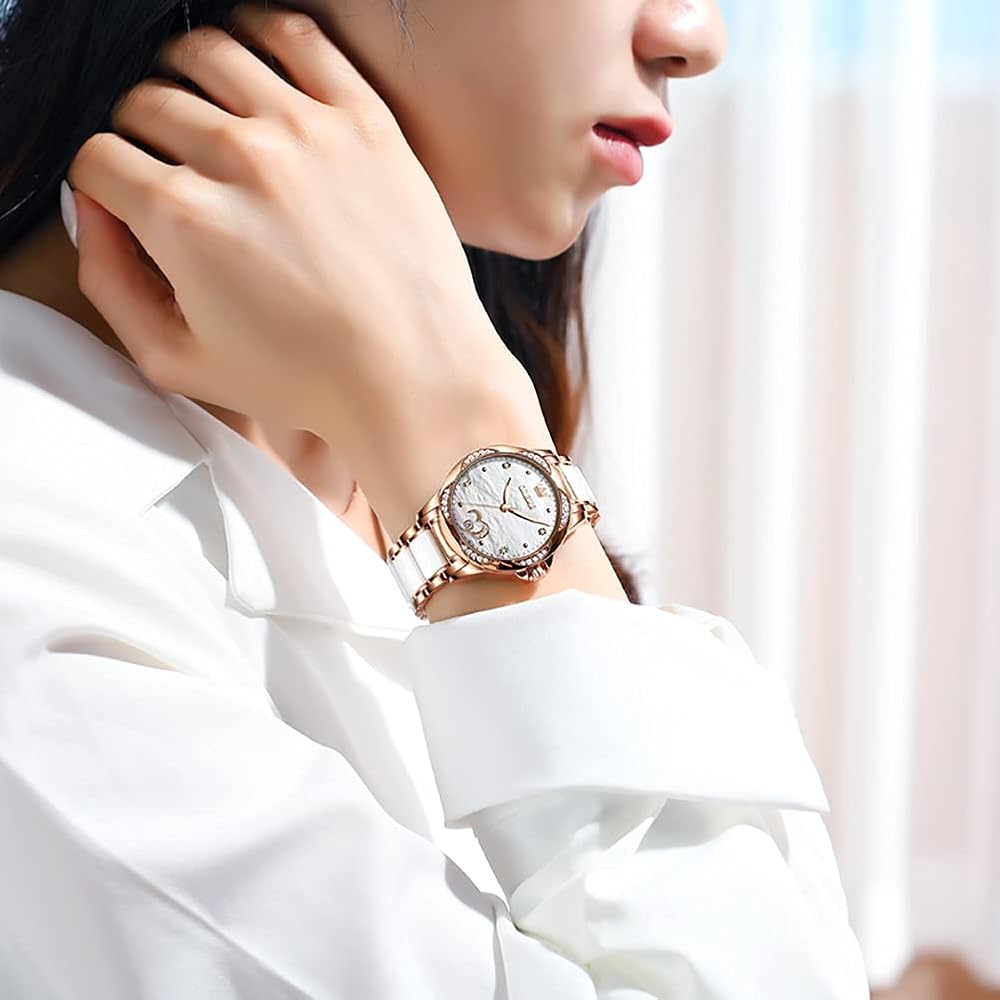 OLEVS Women's Ceramic Watch Pink Gold Waterproof Mechanical Date Bracelet Gift for Her White