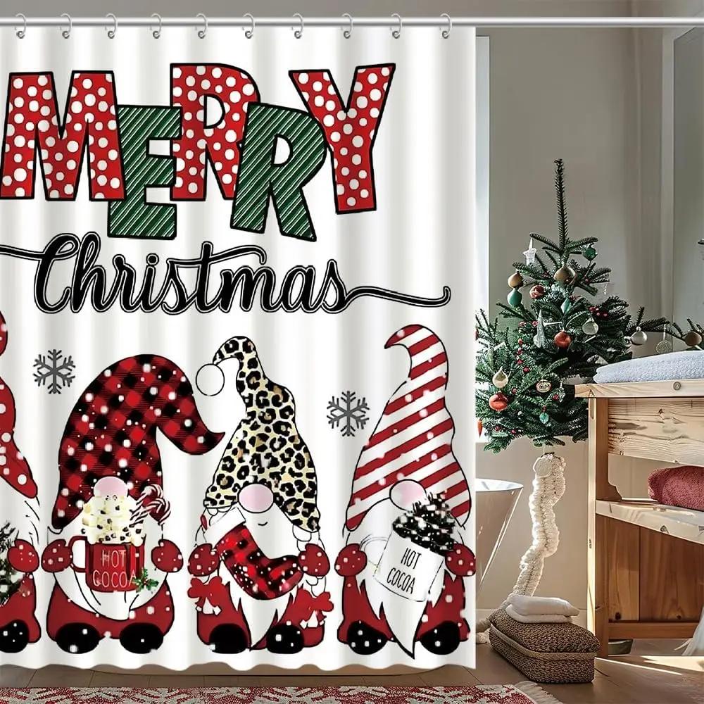 GAEChristmas Snowman Shower Curtain, Xmas Balls Snowflake Decorative Bathroom Curtains Set with Hooks, Winter Holiday Bathroom