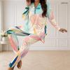 Women Plus Size Printed Two Piece Set Half Zip Neck Long Sleeve Top And Fitted Long Pants