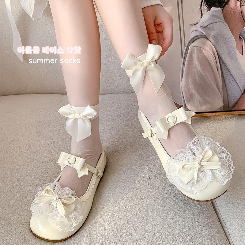 Spring and Summer Fairy Socks Lolita Mid-calf Cream White Bow Ballet-style Ultra-thin Transparent Pile-up Socks