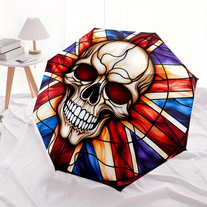 Buntes Totenkopf-Fensterkunst-Dekor, Tragbarer 3-fach kompakter Regenschirm, Weihnachtsgeschenk ES641