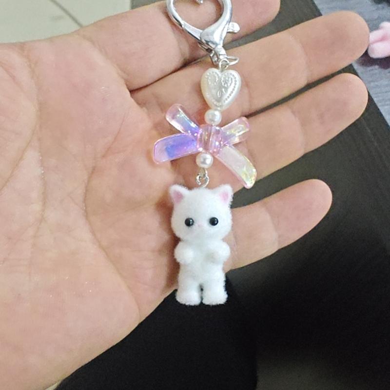 Handmade Bowknot Keychain Bear Cat Pendant Keyring Fashionable Bows Phone Lanyard Ornament Accessory for Keys Bag Purse