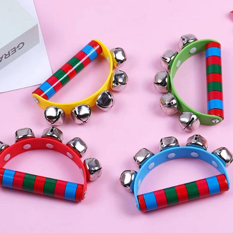 1PC Children's Intellectual Props Handbell Hand Bells With 5 Jingle Bells Wood Handle Musical Instrument Toy For Music Class