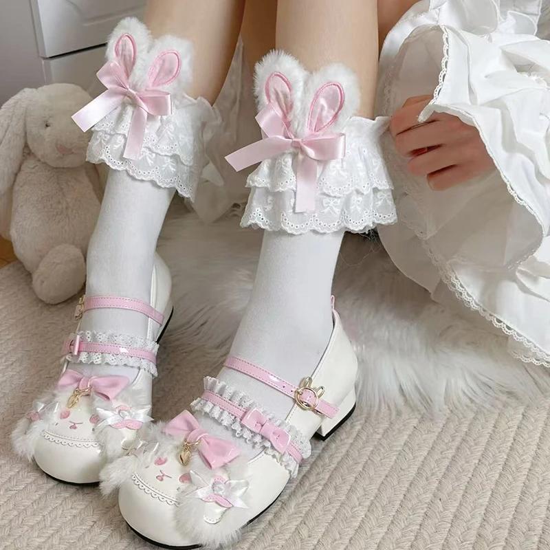

Japanese Harajuku Lolita Rabbit Ear Socks Women Summer JK Bow Short Socks Lolita Lace Large Lace Sweet Socks One Size