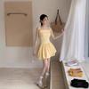 Women's Yellow Bow Tie Strap A-Line Dress - Sweet Summer Floral Puff Skirt