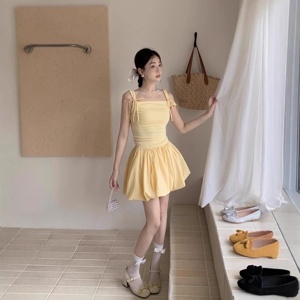 Women's Yellow Bow Tie Strap A-Line Dress - Sweet Summer Floral Puff Skirt