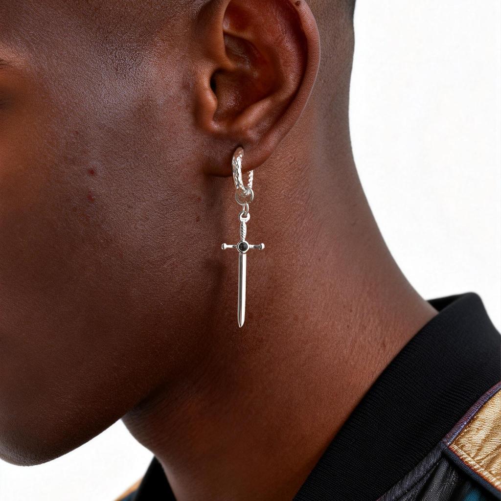 Vnox Stainless Steel Black Onyx Sword Huggie Hoop Earrings Punk Rock Dangle Earring for Men Women Couples Trendy Gothic Jewelry