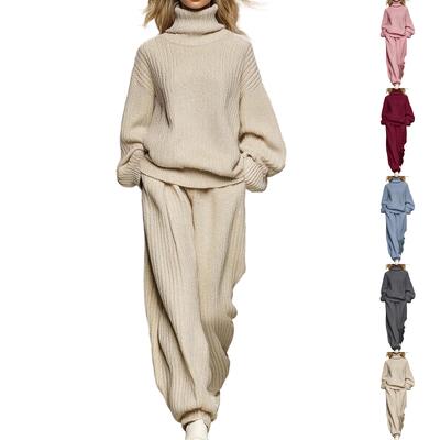 Completo Pantaloni Casual alla Moda da Donna in Maglia, Vestibilità Larga, Scollo Alto, Gamba Larga