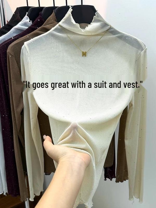 Purple Sequin High Neck Ruffle Lace Top - Women's Slimming Long Sleeve T-Shirt for Autumn/Winter Trends