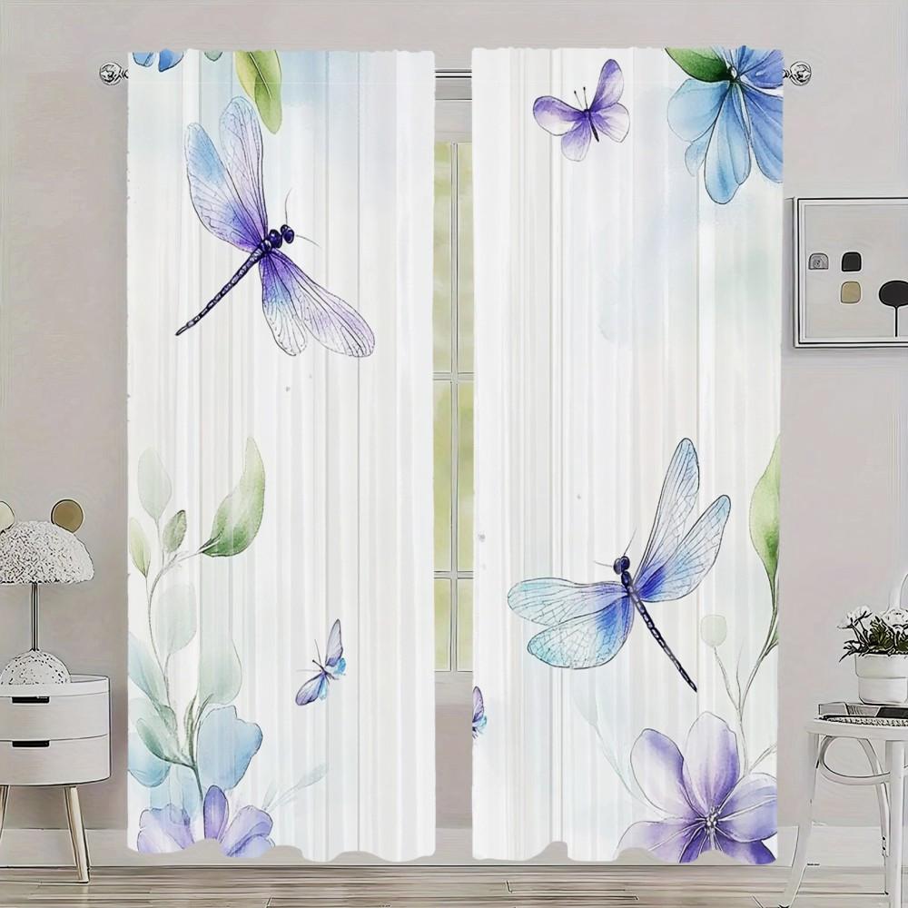 2Pcs Elegant Dragonfly & Floral Blackout Curtains - 35X90In, Polyester Room Drapes For Living Room & Bedroom, 21, 65X59/ 41, 34X