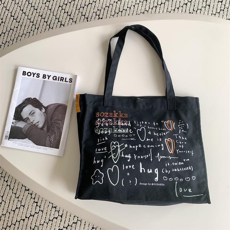 3 Canvas Bags Women's Versatile Large-capacity Embroidery Printed Handheld Shoulder Bags Student Class Bags