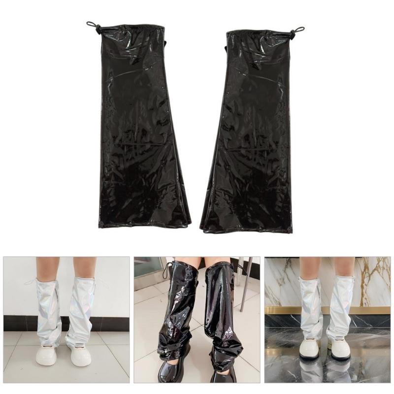 Women Harajuku Shinning Metallic Leg Warmer with Drawstring Flared Long Socks Grunge Baggy Loose Foot Cover Streetwear