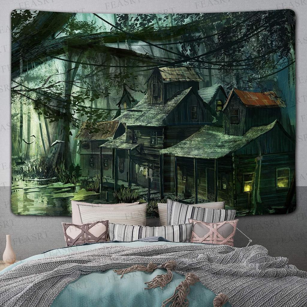 Aesthetic Swamp Abandoned House Tapestry, Dark Forest Haunted Cabin Wall Hanging, Gothic Witchy Decor For Bedroom Living Room