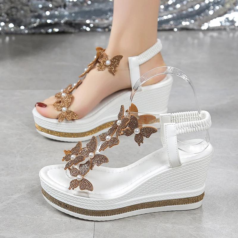 Fashion Fashion Crystals Womens Shoes Butterfly Wedges Sandals Women Summer Chunky Platform Elastic Band Sandles Woman Pearls High Heels