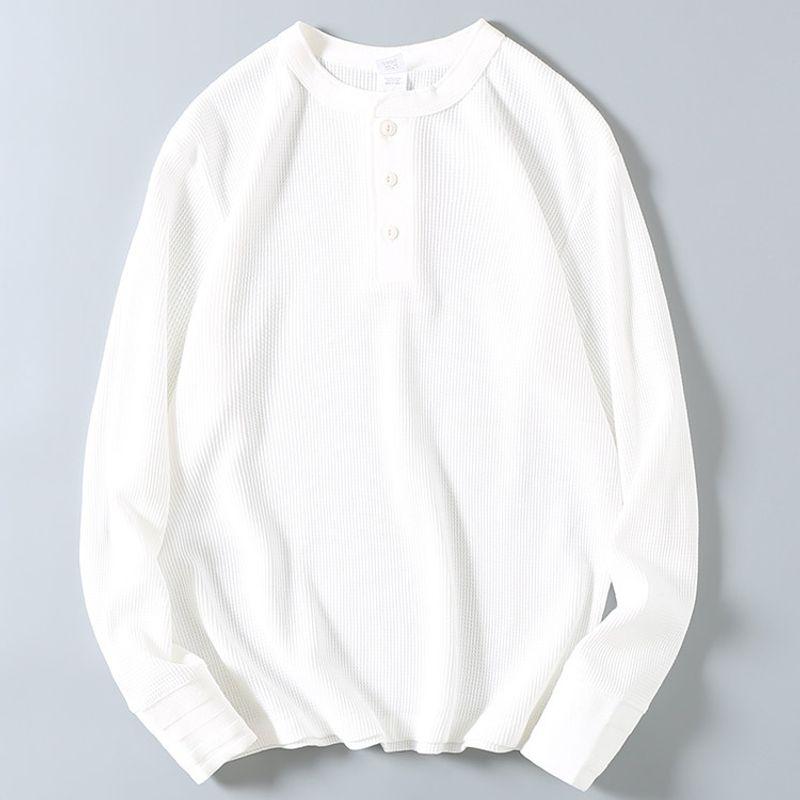 260G Heavy Weight Double-Sided Waffle Henry Collar Long Sleeves T-shirt Men's Fall and Winter Vintage Casual All-Matching Solid Color Bottoming Shirt