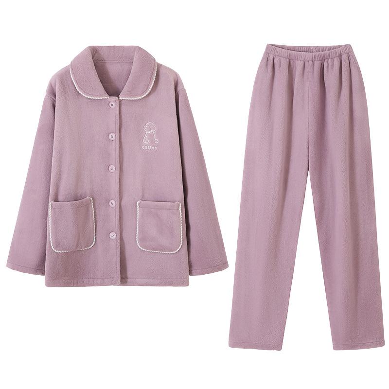 Coral Fleece Pajamas Women'S Autumn And Winter Flannel Warm Can Be Worn Outside Thickened Fleece Loungewear Suit Women