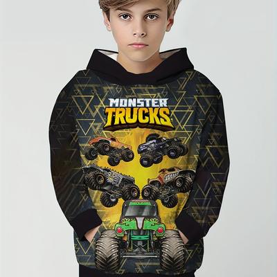 Cooler Monster Truck 3D-Druck, lässige Langarm-Kapuzenpullover für Jungen, Sweatshirt für Jungen für Frühling und Herbst, Kapuzenpullover für Jungen im Freien