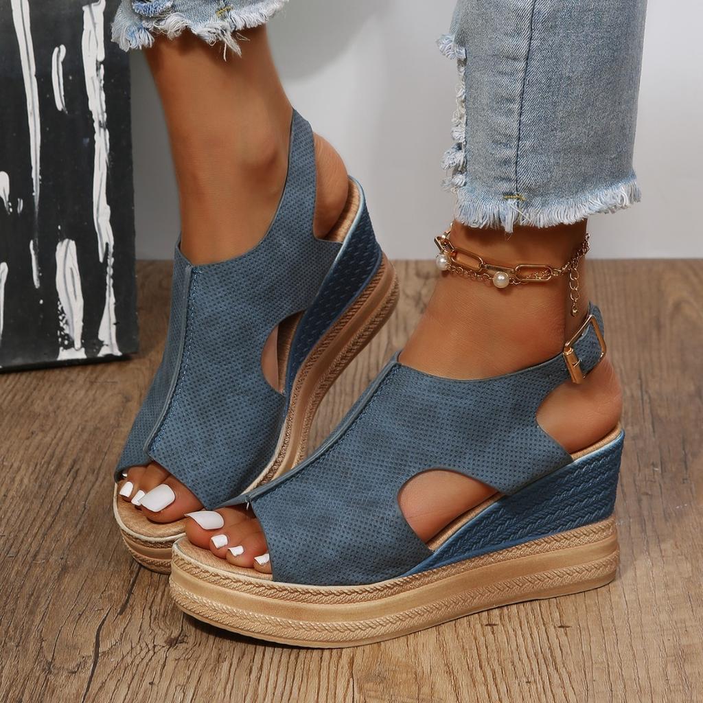 Large size casual wedge heel sandals for women 2025 summer new muffin thick-soled fish mouth word sandals for women