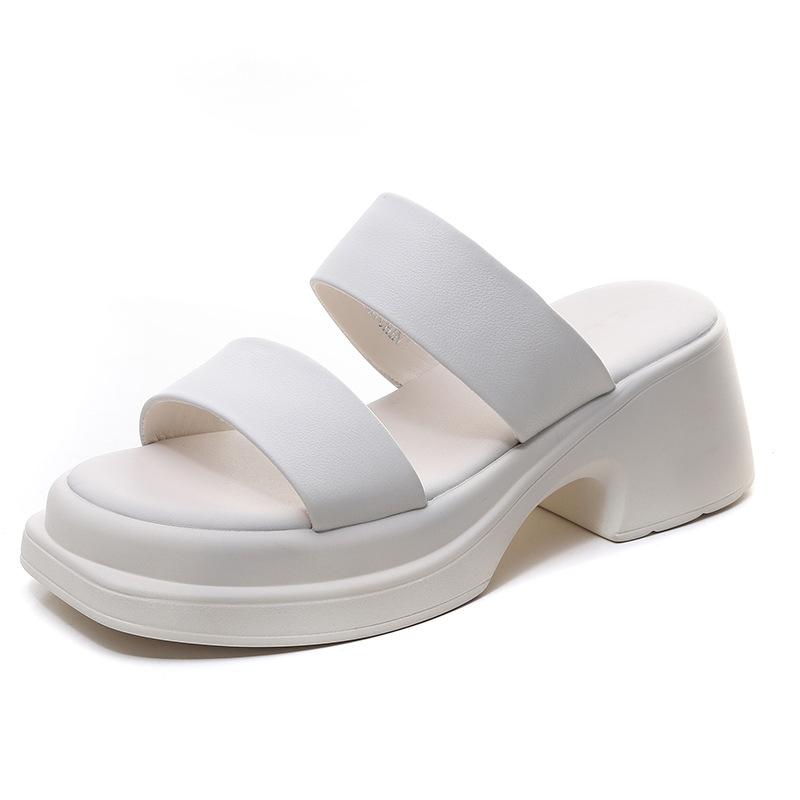 Mode GKTINOO 2025 Prägnante Damen-Slipper Sommer-Sandalen Einfarbig Echtes Leder Offene Zehen Dicker Hoher Absatz Moderne Slipper Schwarz