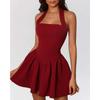 Women's Square Neck Sleeveless Mini Dress Slim Fit Mid Rise Elegant Flared Skirt Halter Party Dress Solid Backless Short Gown