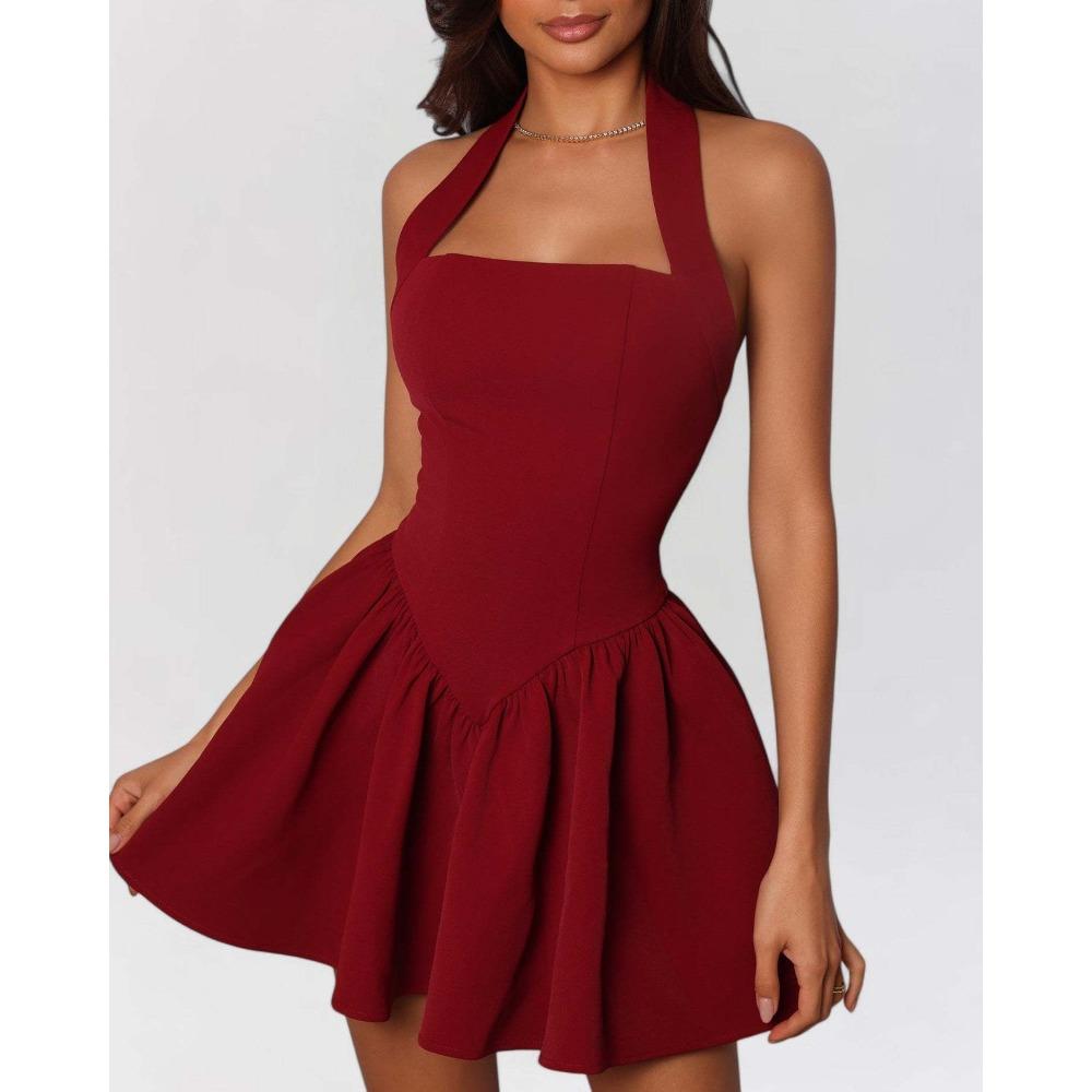 Women's Square Neck Sleeveless Mini Dress Slim Fit Mid Rise Elegant Flared Skirt Halter Party Dress Solid Backless Short Gown