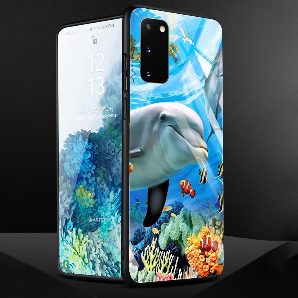Blue Sea Animal Cute Dolphin Glass Case For Samsung Galaxy S21 S20 Ultra S10 Plus Lite S20fe 5g S10e S9 S8 Bumper Cover Funda