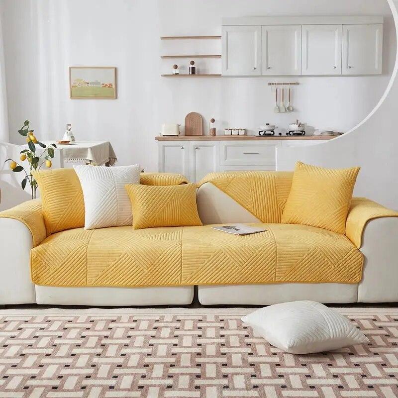 Universal Non-slip Solid Color Sectional Sofa Cover  Warm Short Plush Quilted Sofa Towel For Living Room Modern Couch Slipcover