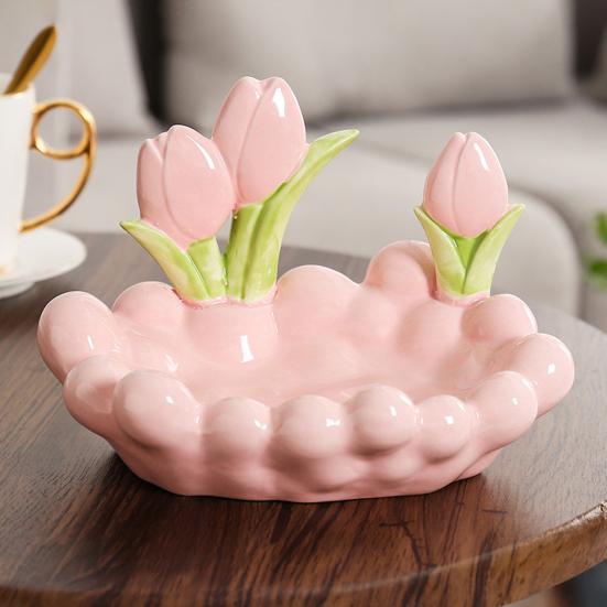 Keramická miska na klíče ve tvaru tulipánu Růžové květy Miska na šperky Dekorativní stolní organizér na šperky Hodinky Vstupní hala Ložnice Komoda