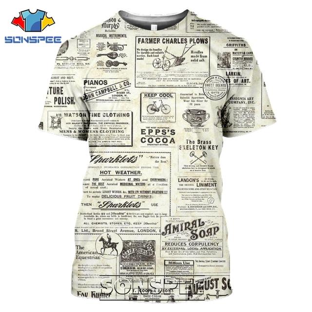 Staré noviny Trička 3D tisk Muži Ženy Ležérní Móda Hip Hop Legrační Krátký rukáv Streetwear Vintage topy Košile