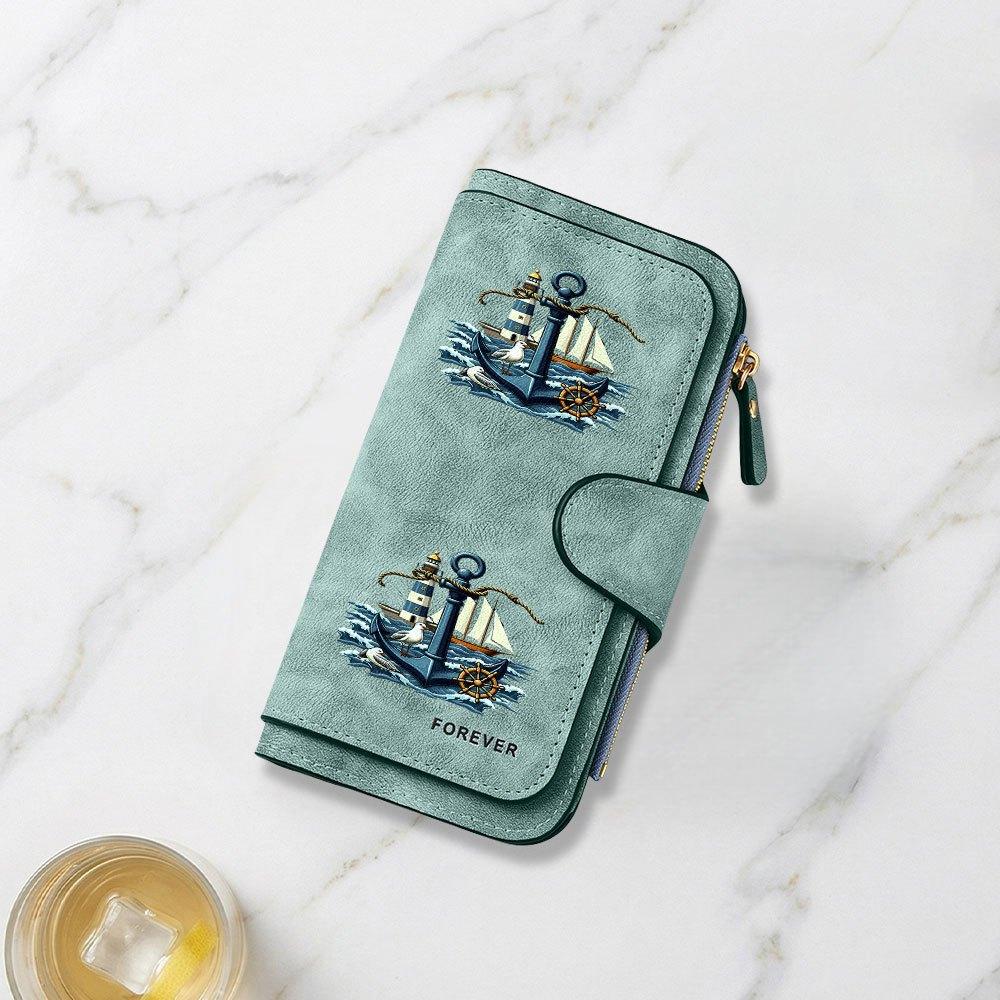 Nautical Themed Anchor Lighthouse Printed Long Wallet Unisex Multifunctional Portable Snap Button Coin Purse Perfect Birthday Holiday Gift For Men