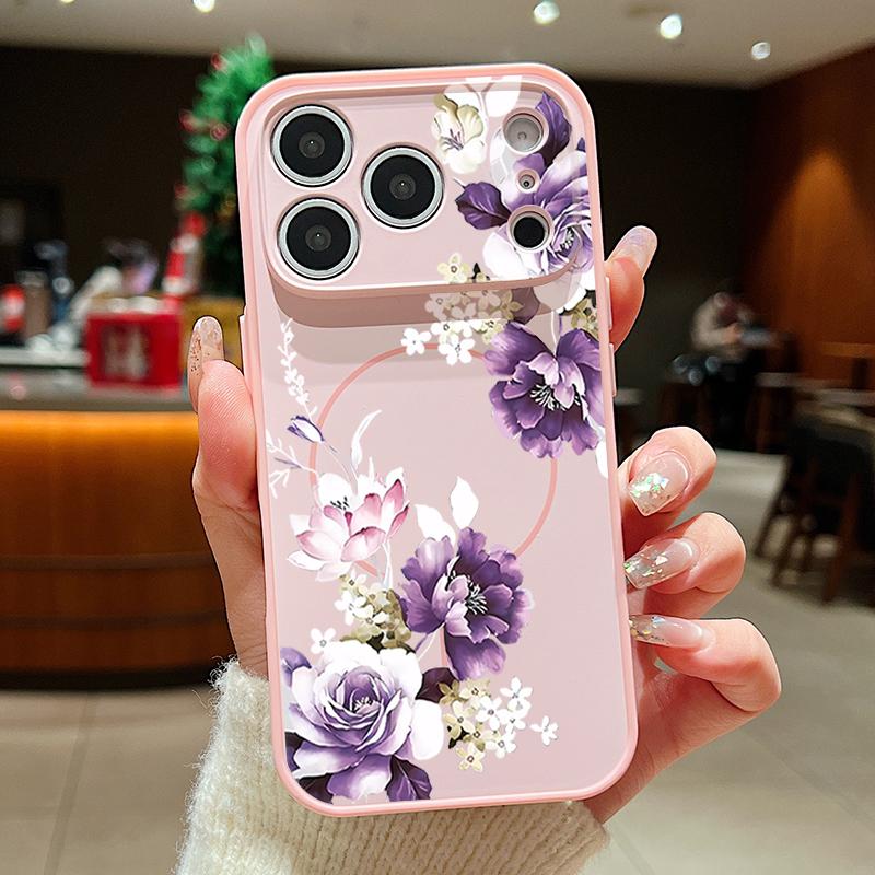 

TPU PC Magnetic Phone Case For iPhone 17 16 Pro Max 15 14 13 Pro Max For Magsafe Wireless Charge Purple Peony Flower Print Cover iPhone 13 Pro