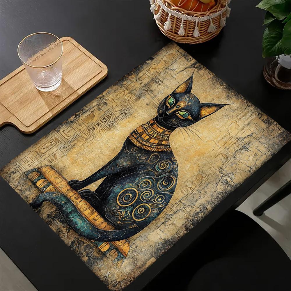 1PC Placemat,A black cat in ancient Egypt abstract art, Dining Table Decor, Kitchen Supplies, Home Decor