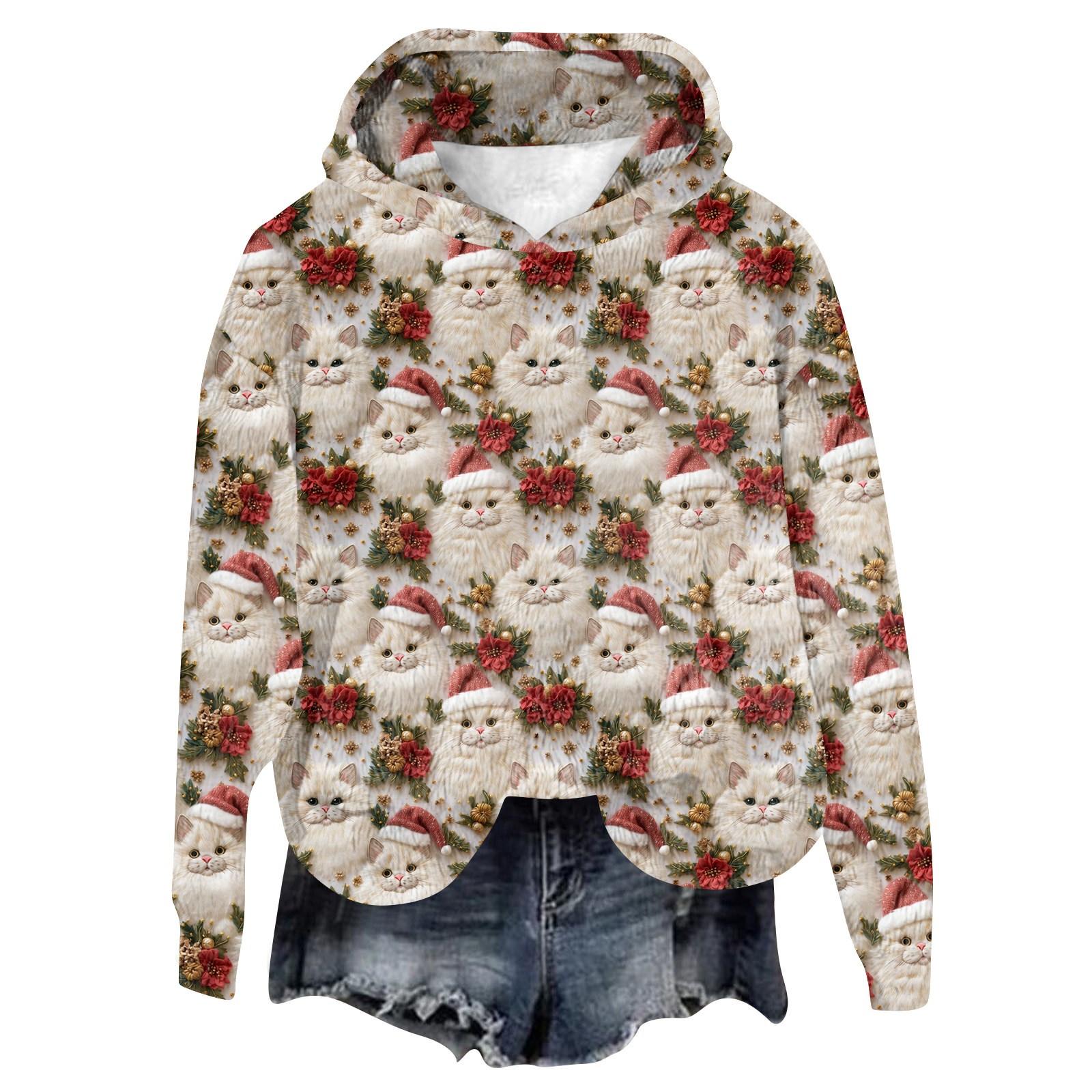 

Женская фланелевая толстовка с капюшоном и длинными рукавами с рождественским принтом S бежевый