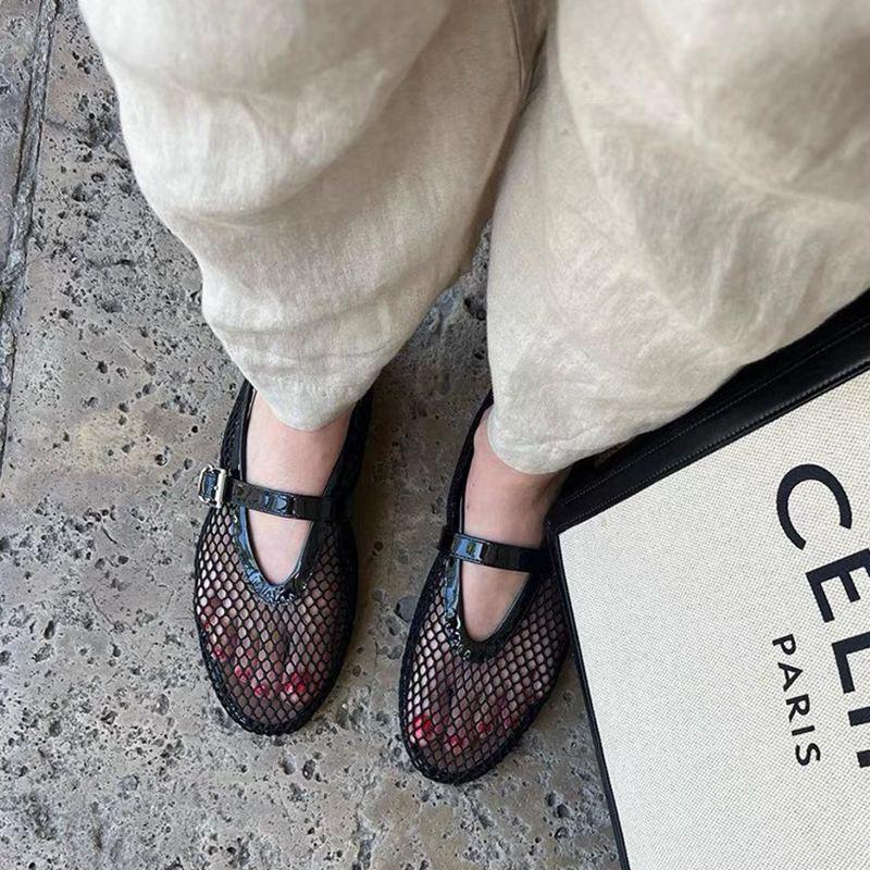 Plus Size Round Toe Fishnet Ballet Flats with Buckle - Women's Fashionable Flat Heel Shoes