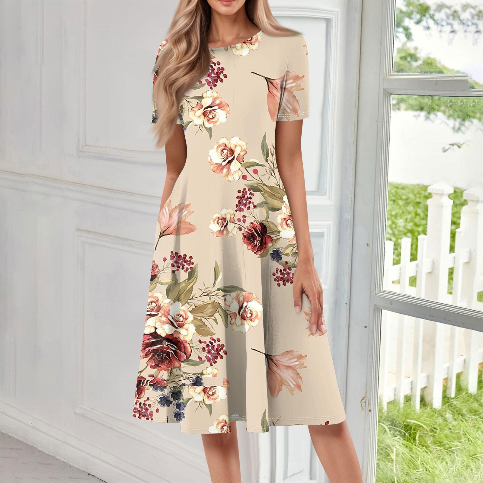 

Женское свободное повседневное и модное платье с круглым вырезом и короткими рукавами, средней длины с принтом L