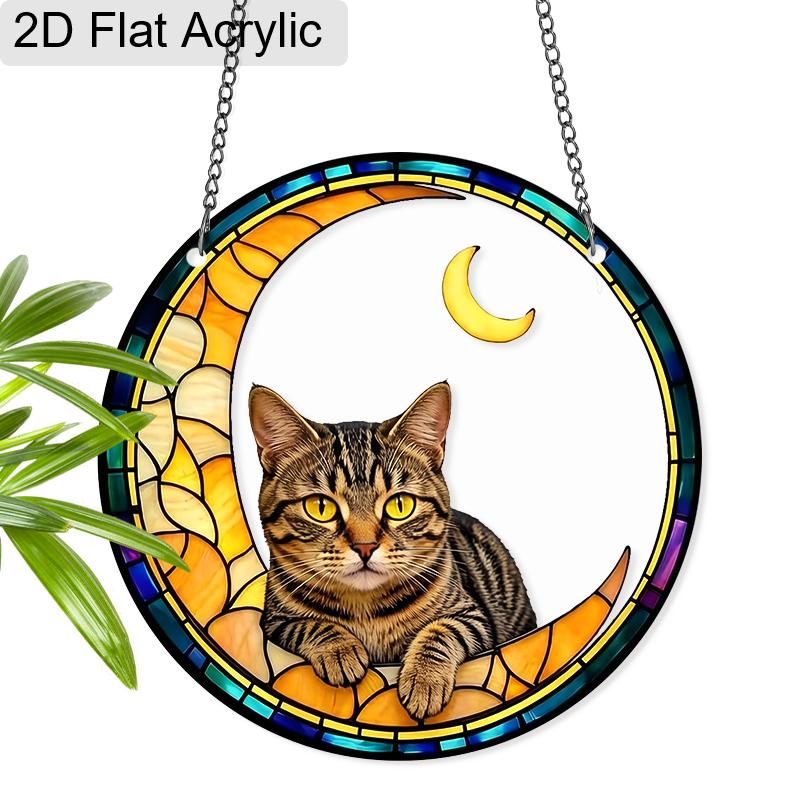 Acrylic Crescent Moon Tabby Cat Suncatcher, Stained Glass Style Window Hanging Ornament for Cat and Celestial Lovers 20cm/7.87Inch