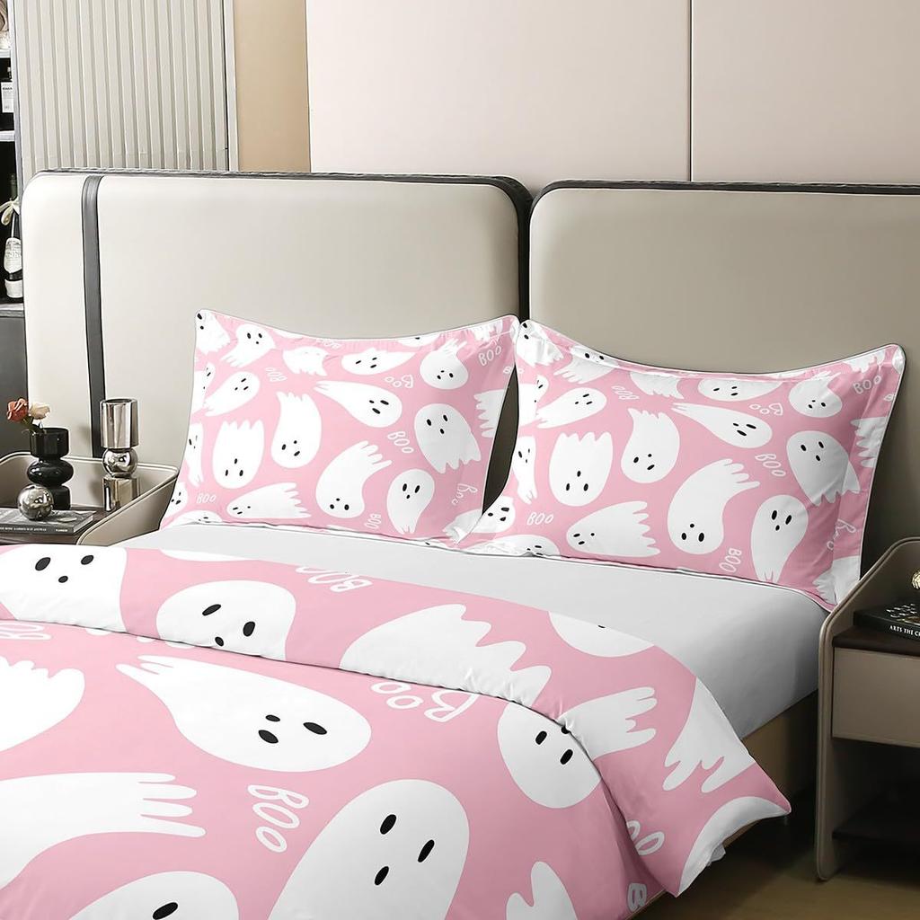Halloween Ghost Pink White Three-Piece Quilt Cover Digital Printing Bedding Set Bed Cover