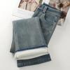 Women's Light Blue Slim-Fit Micro-Flared Jeans, Autumn/Winter 2024, Fleece-Lined and Thickened Horseshoe Pants
