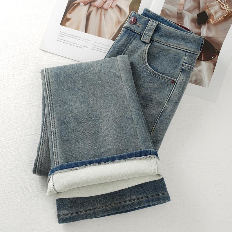 Women's Petite High-Waisted Light Blue Fleece-Lined Micro-Flared Jeans 2024 Autumn/Winter Horseshoe Style
