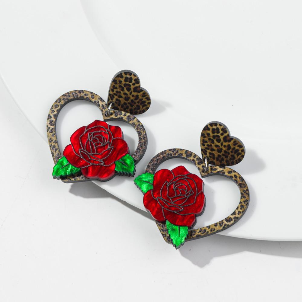 

New Leopard Hollow Heart Acrylic Earring for Women Sweet Rose Flower Love Drop Earring Vintage Jewelry Valentine s Day Gifts леопардовый