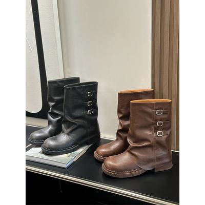 Rindslederversion~ Retro Hosenstiefel mit geradem Schaft, eckiger Zehenpartie, dicksohlige Kurzstiefel, vielseitig und schlank, Gürtelschnalle, Western-Cowboystiefel, Martin-Stiefel