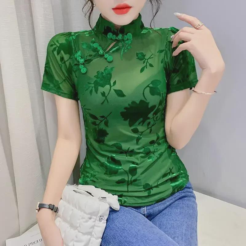 2022 Summer Retro Chinese Frog Button Mesh Blouse
