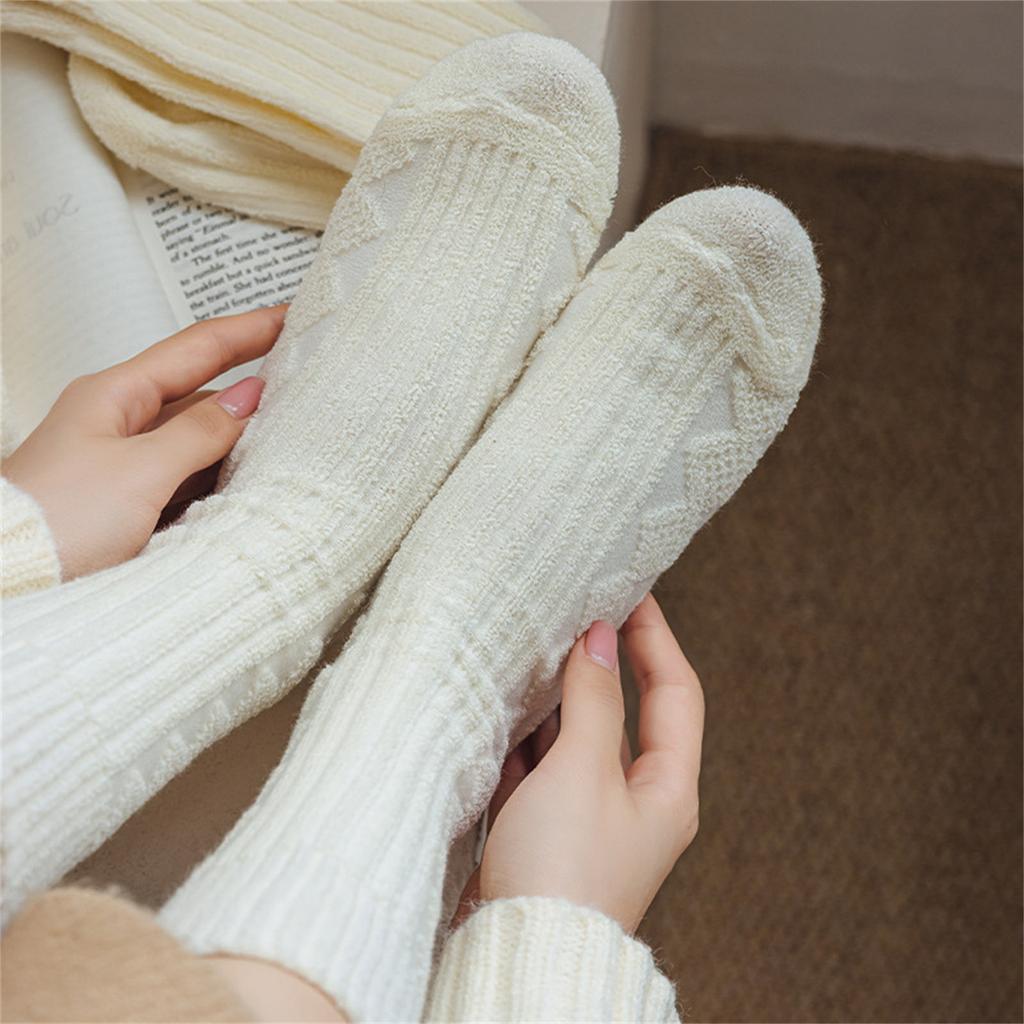 Solid Color Rhombus Striped Pattern Winter Thermal Warm Crew Socks for Women Thicken Faux Wool Knit Middle Tube Socks