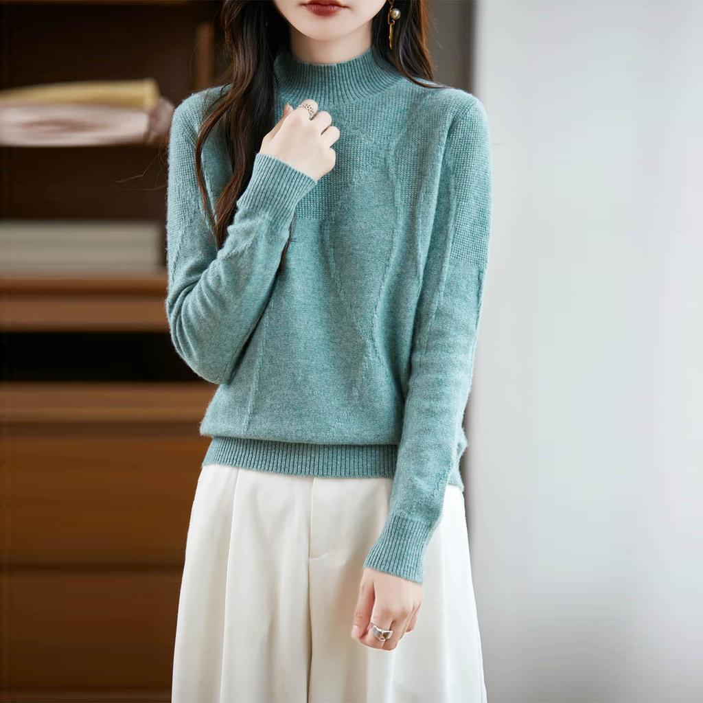 Women's Jacquard Knit Top - Half-High Collar Wool Sweater for Autumn/Winter 2025