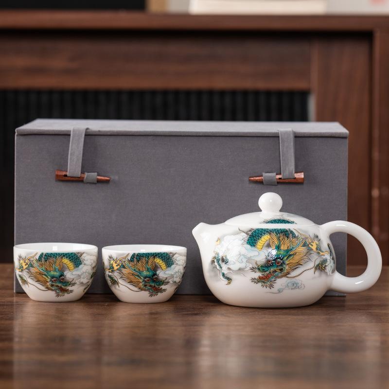 Beam Pot One Pot and Two Cups Suet Jade Porcelain Light Luxury Kung Fu Tea Set Kuaike Cup High-end Brocade Box Gift Box