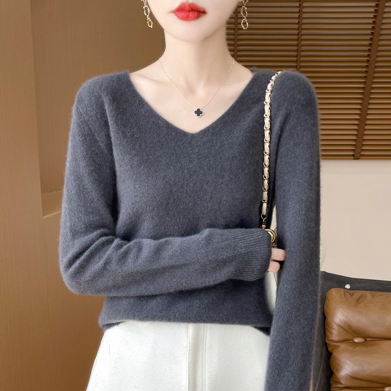 Wool Sweater V-neck Soft Knit Tops Outer Wear Bottoming Shirts for Women