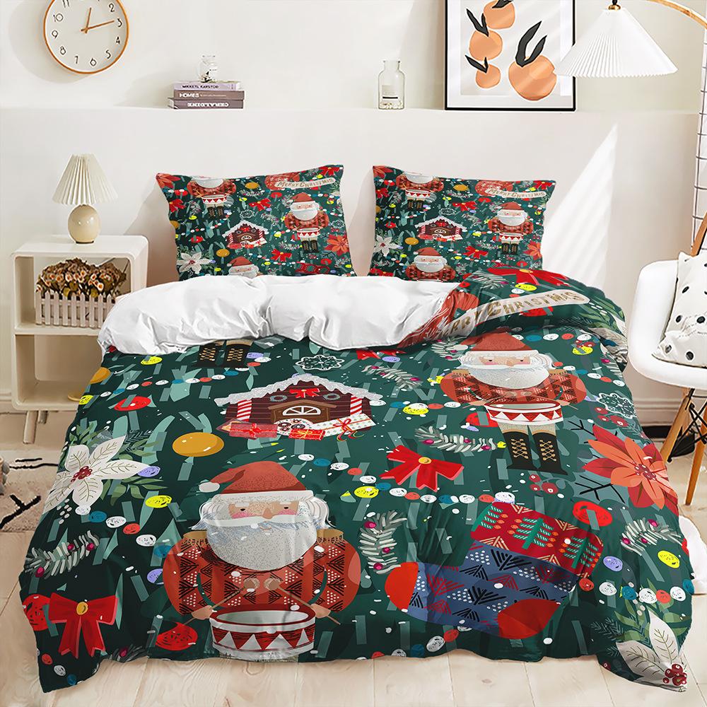 Bed Three-Piece Quilt Cover Christmas Illustration Kit Bedding